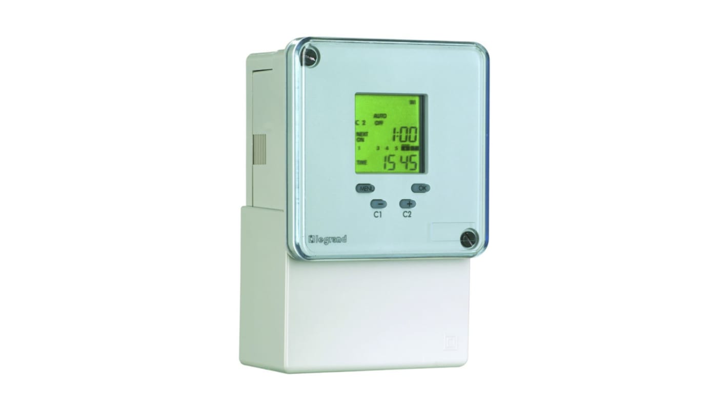 Legrand 0 496 80, temporizzatore digitale SPDT 1 canale, montaggio su guida DIN, dimensioni 72 mm x 44 mm.
