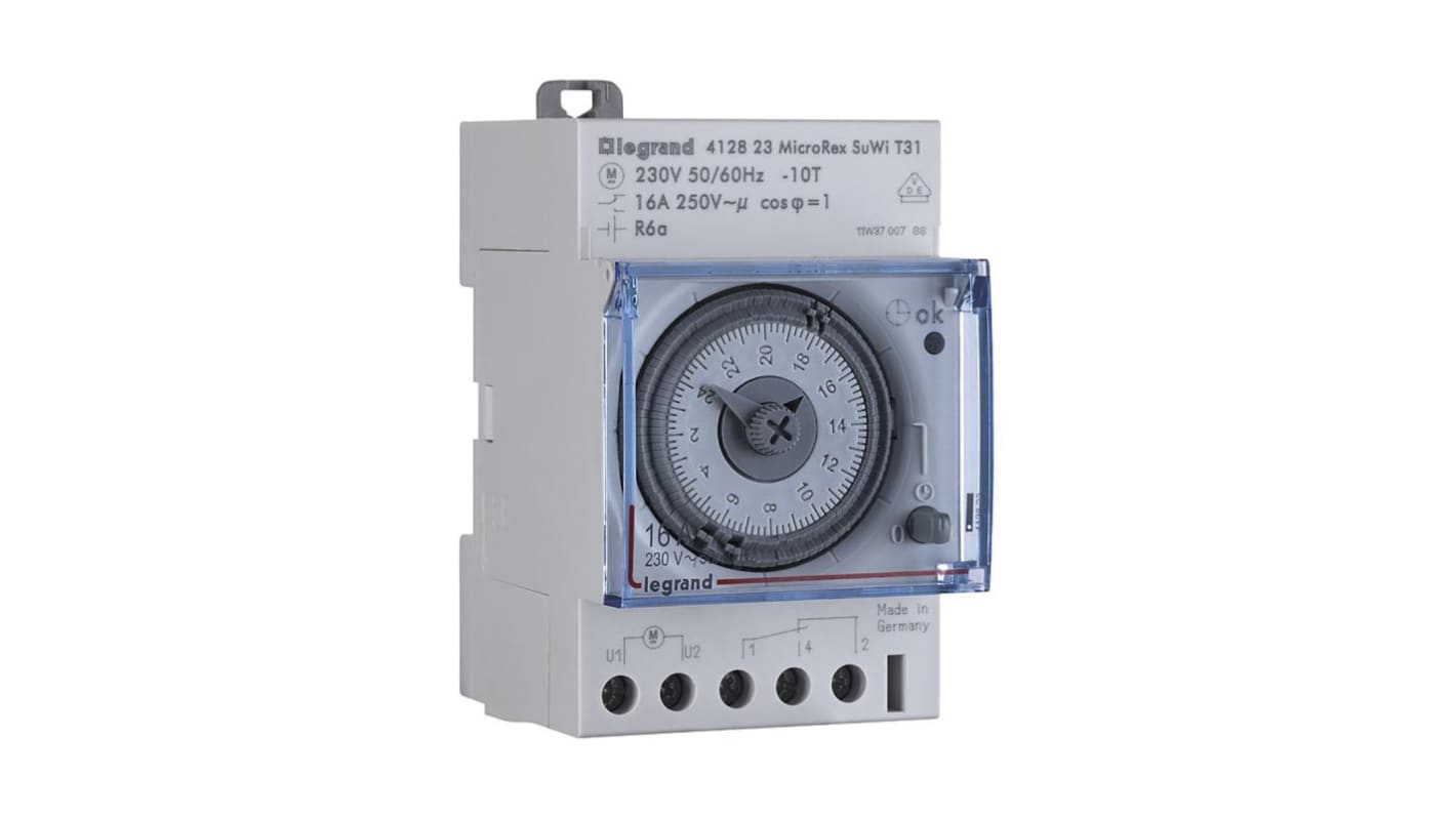Temporizzatore Legrand 4 128 23 per guida DIN, SPDT, 230-250 V, programmabile, dimensioni 86x60 mm. Commutazione manuale per orario estivo/invernale.