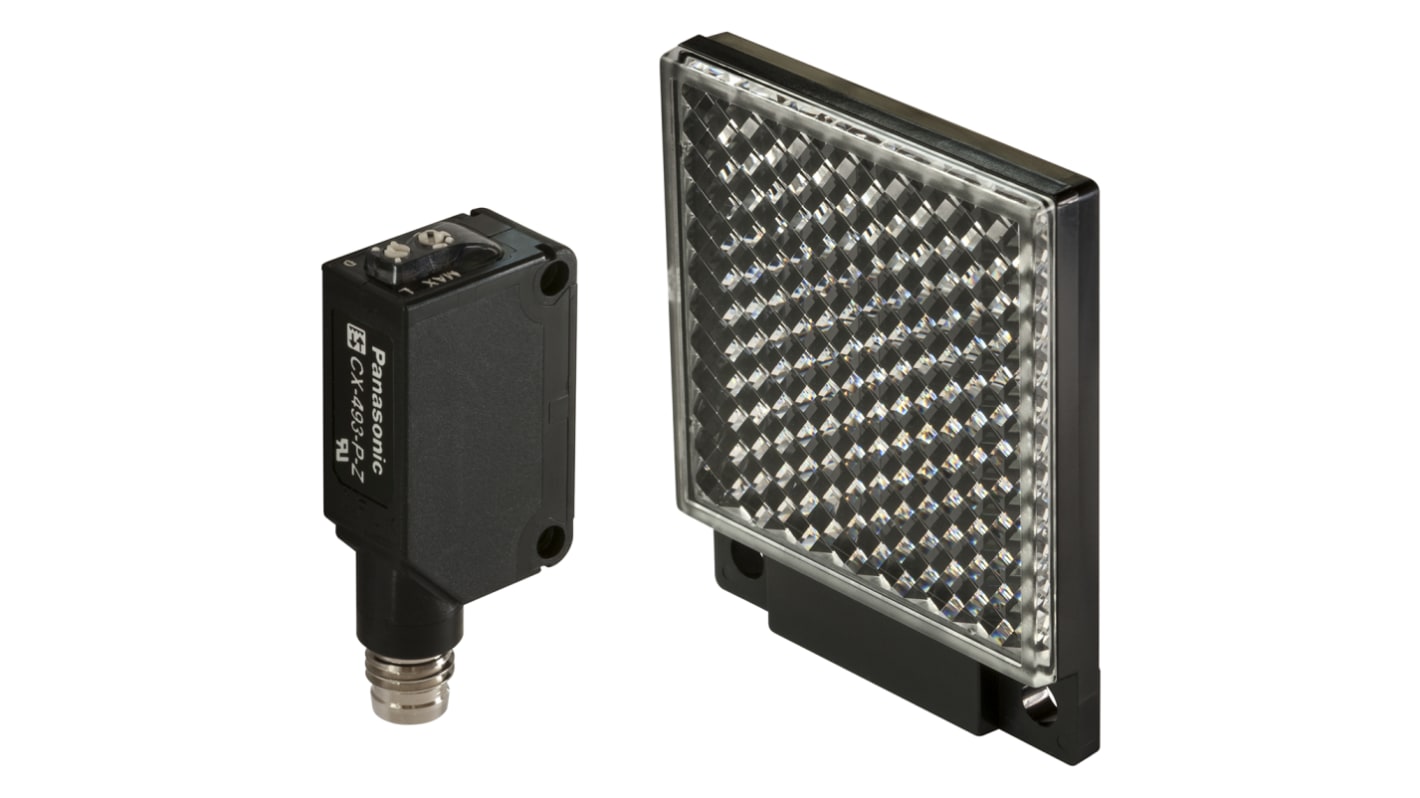 Sensore fotoelettrico Panasonic CX-491-Z a retroriflessione, rilevamento fino a 3 m, montaggio a pannello, grado di protezione IP67.