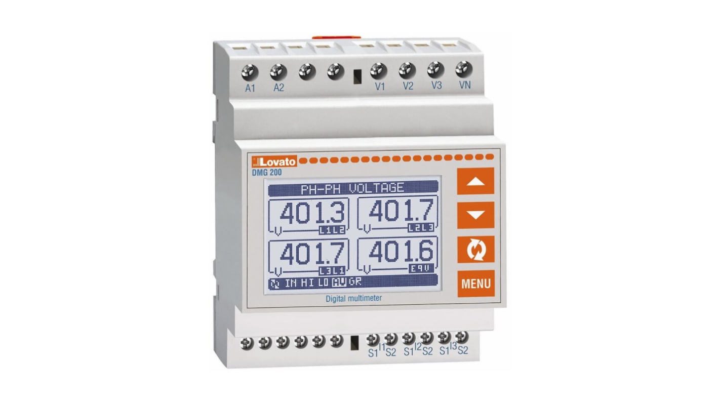 Misuratore digitale multifunzione Lovato DMG210 da pannello, display LCD 128x80, intervallo 10-480 V ac, montaggio su guida DIN.