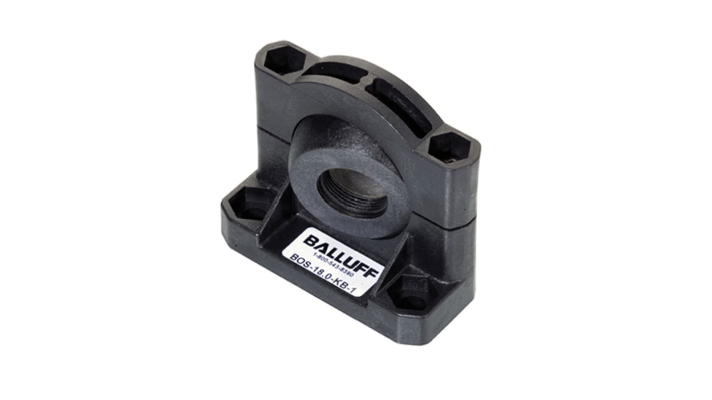 Morsetto di montaggio BALLUFF BAM00T3 per sensori M18, compatibile con 0-KB-1 e BOS 18, progettato per installazioni industriali.