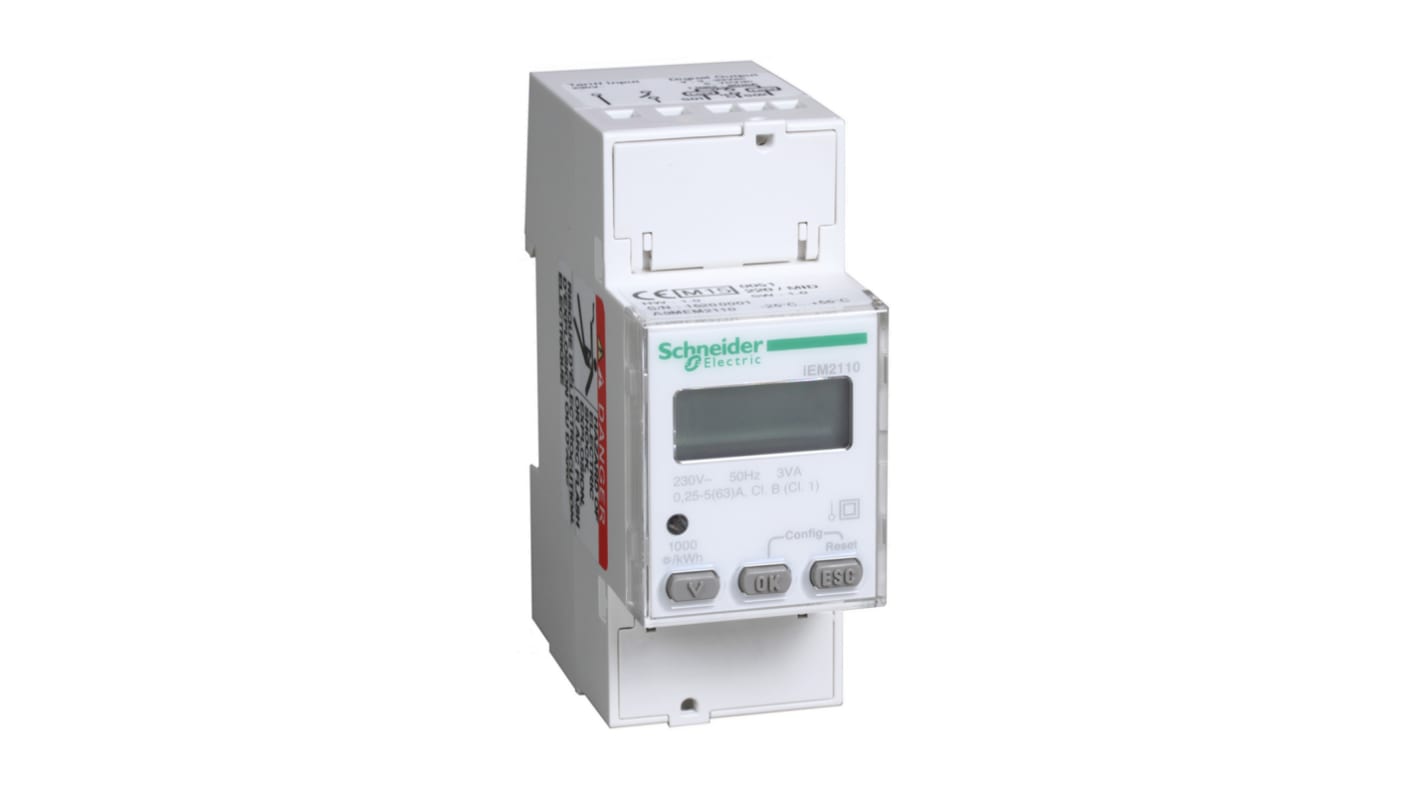 Contatore di energia monofase Schneider Electric A9MEM2110, display LCD, misurazione fino a 63 A, montaggio su guida DIN.