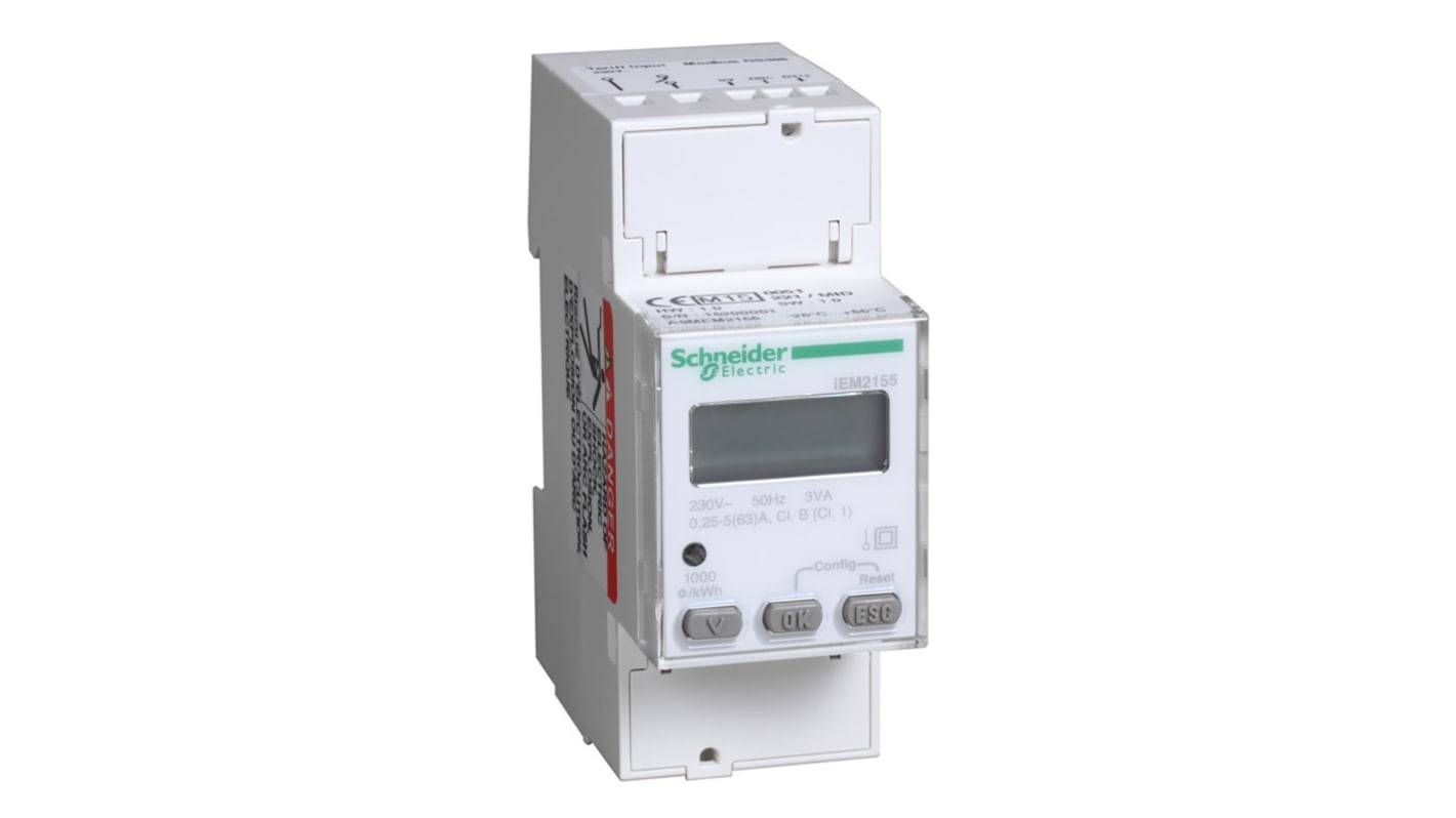 Contatore di energia monofase Schneider Electric A9MEM2155, montaggio su guida DIN, display LCD, misurazione fino a 63 A.