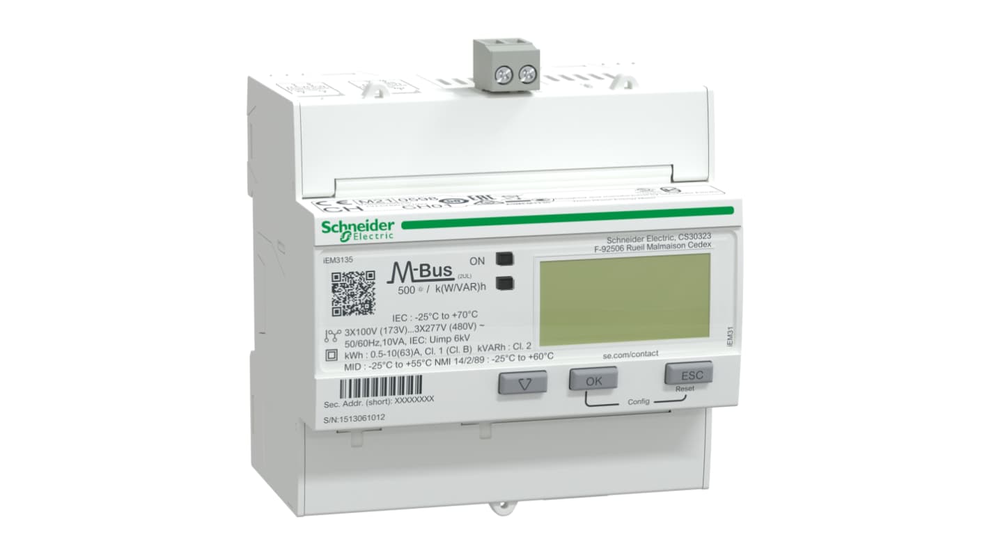Contatore di energia Schneider Electric A9MEM3135, 3 fasi, display LCD, montaggio su guida DIN, precisione 1.0, 0-63 A.