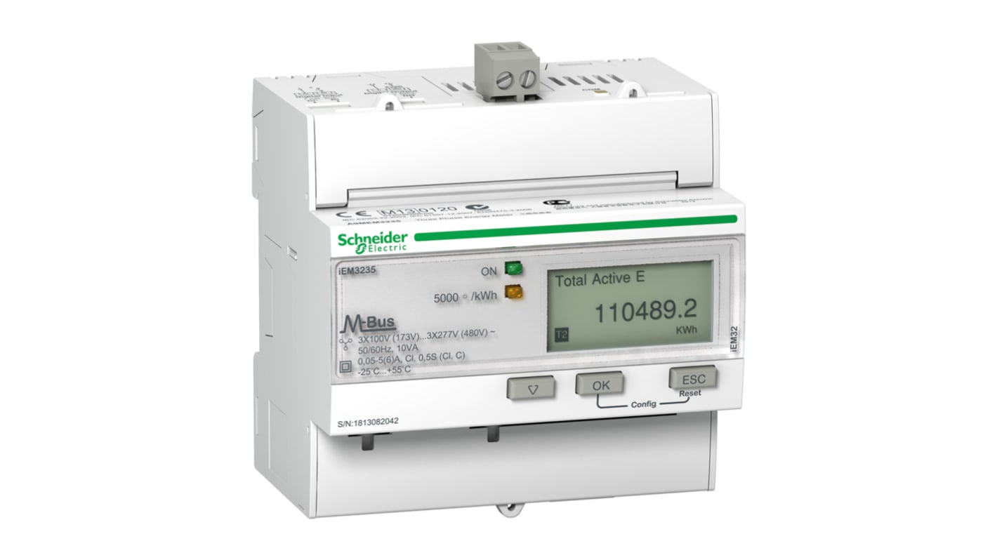 Contatore di energia Schneider Electric A9MEM3235, Acti 9 iEM3000, 3 fasi, montaggio su guida DIN, precisione 1.0, intervallo 0-99999999 MWh.