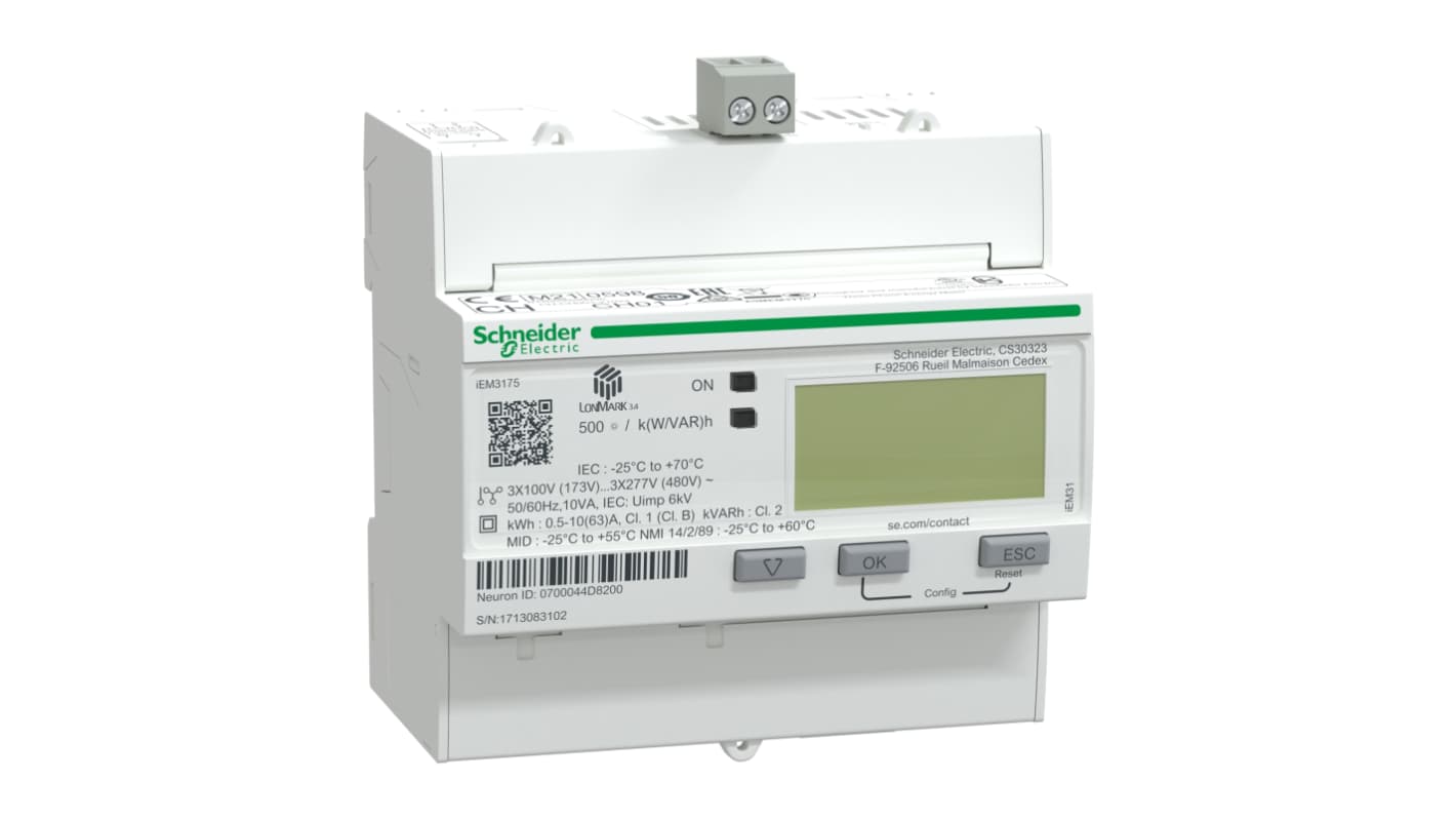 Contatore di energia Schneider Electric A9MEM3175 Acti 9 iEM3000, 3 fasi, montaggio su guida DIN, display LCD, precisione 1.0.