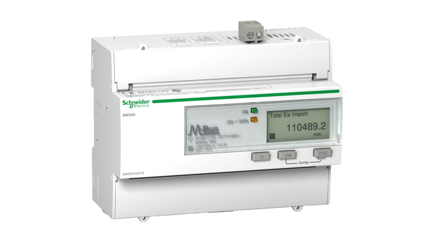 Contatore di energia Schneider Electric A9MEM3335, 3 fasi, montaggio su guida DIN, display LCD, precisione 1.0, intervallo 0-99999999.9 kWh.
