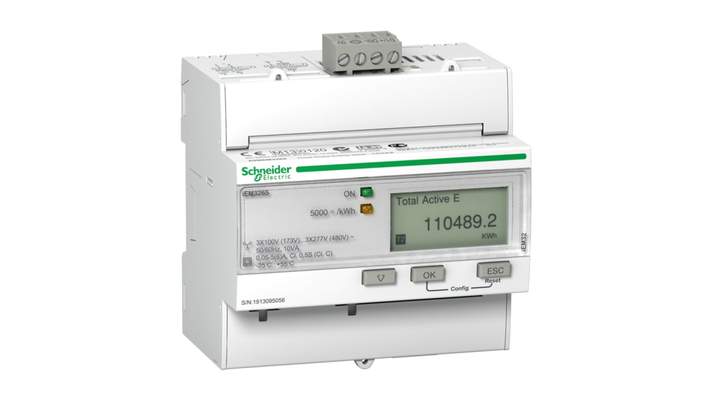 Contatore di energia trifase Schneider Electric A9MEM3265, montaggio su guida DIN, display LCD, misurazione fino a 63A. Dimensioni 95x90mm.
