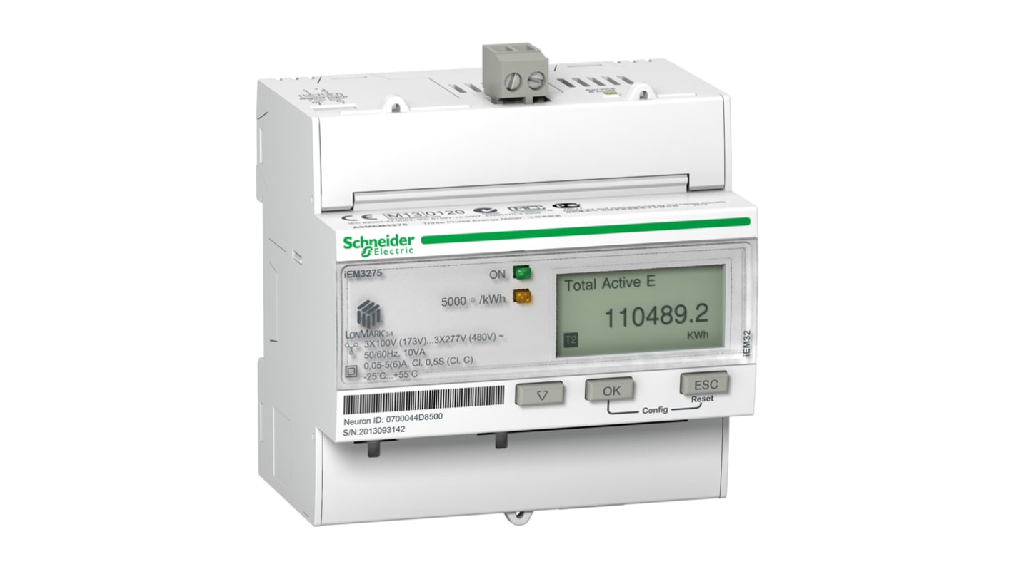 Contatore di energia Schneider Electric A9MEM3275, 3 fasi, display LCD, montaggio su guida DIN, precisione 1.0, intervallo 0-99999999 MWh.