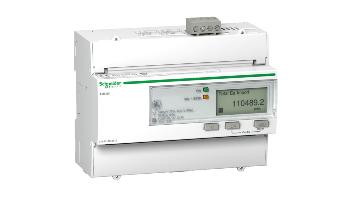 Contatore di energia Schneider Electric A9MEM3365, 3 fasi, display LCD, montaggio su guida DIN, precisione 1.0, intervallo 0-125 A.