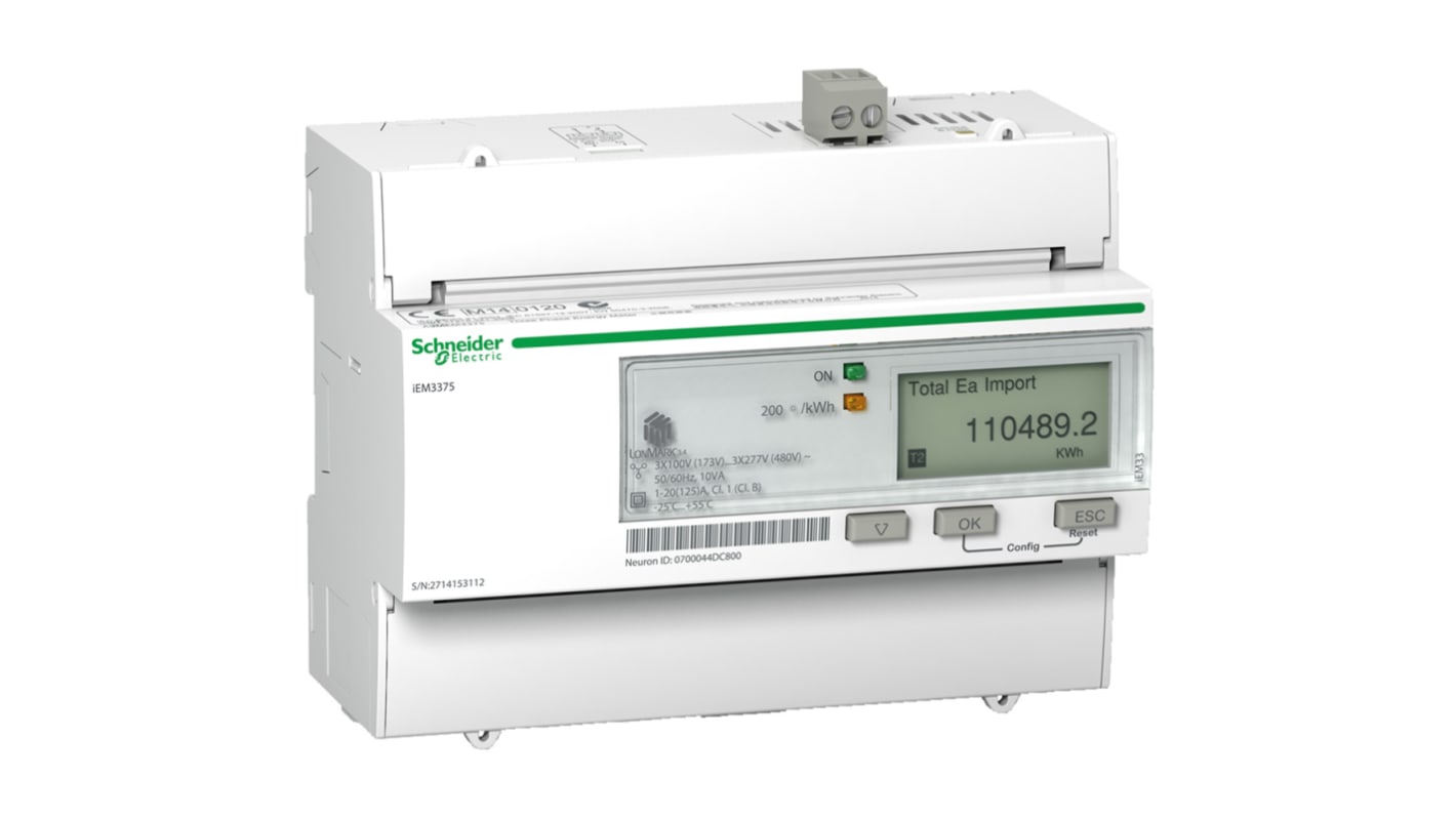 Contatore di energia Schneider Electric A9MEM3375, 3 fasi, display LCD, montaggio su guida DIN, precisione 1.0, intervallo 0-125 A.