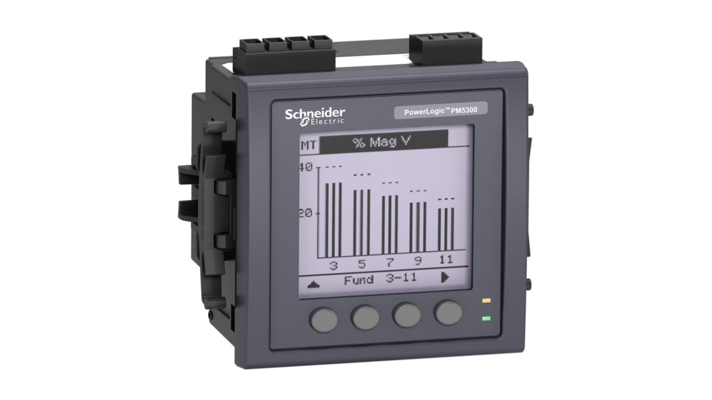 Contatore di energia trifase Schneider Electric METSEPM5340, display LCD, dimensioni 96x96 mm, installazione senza utensili.