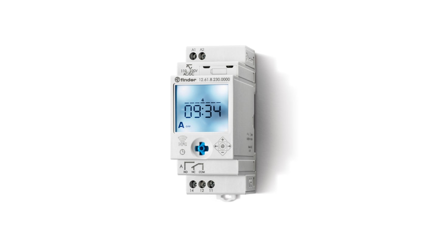 Finder 12.61.8.230.0000 NFC, temporizzatore digitale DIN SPDT, 110-230 V, programmazione tramite NFC, display retroilluminato.
