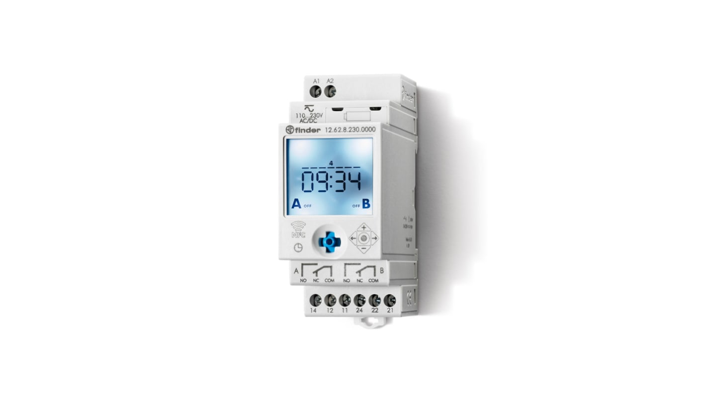 Finder 12.62.8.230.0000 NFC, temporizzatore digitale DPDT per guida DIN, 110-230 V, programmazione semplice via NFC.