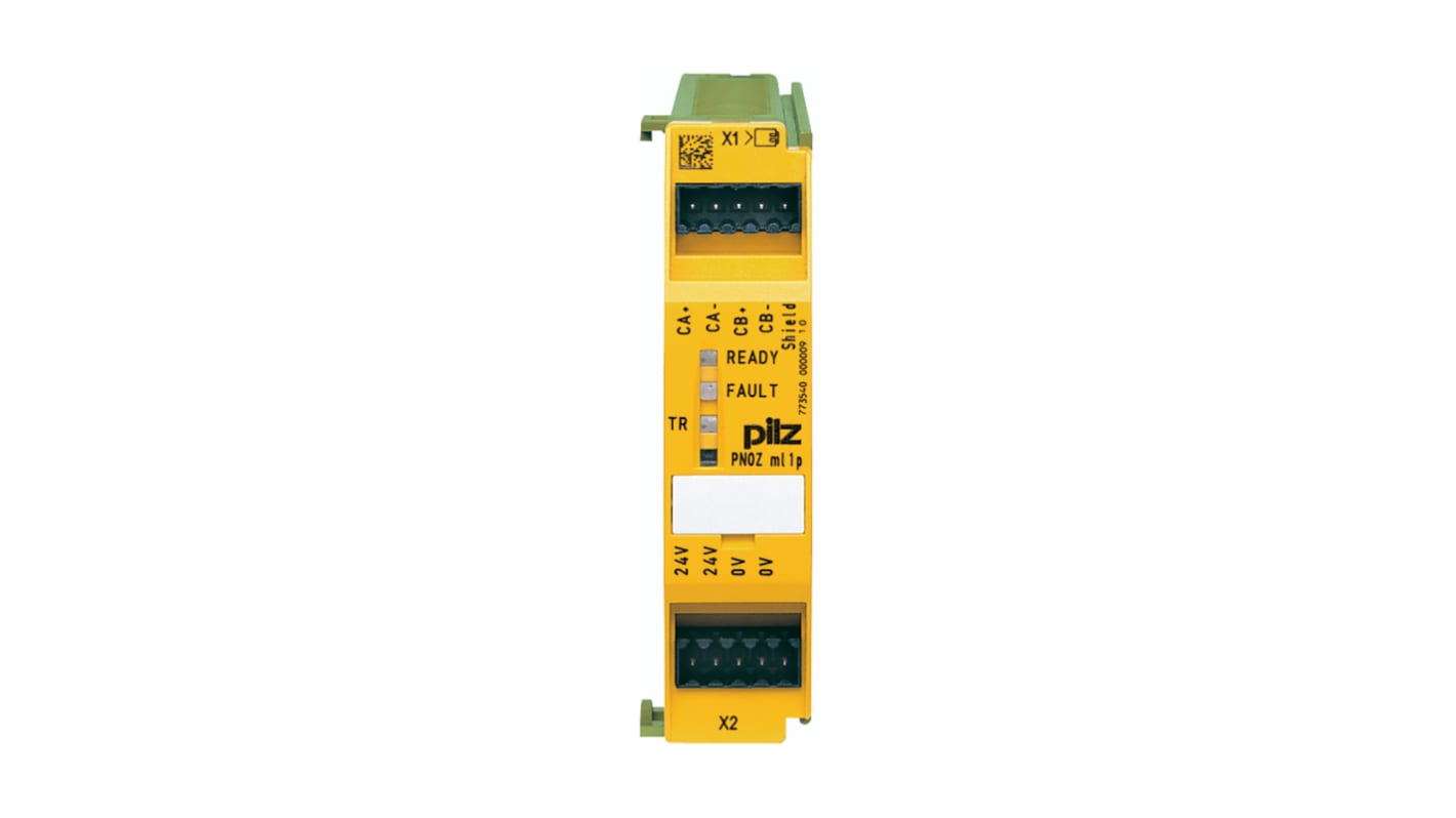 Modulo di collegamento Pilz 773540 per PNOZmulti 2, 24 V c.c., montaggio su guida DIN, dimensioni 94 x 22,5 x 121 mm.