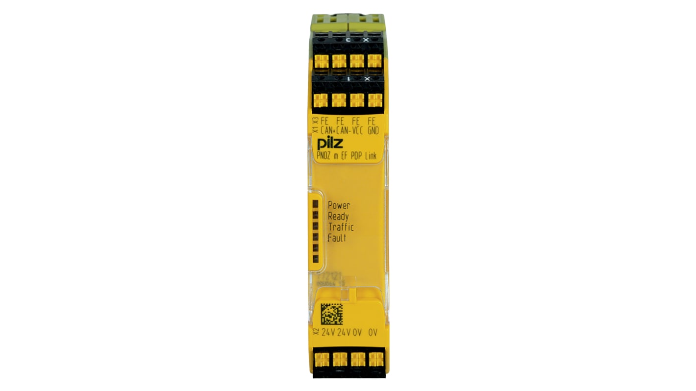 Modulo di collegamento Pilz 772121 per PNOZmulti 2, 24 V c.c., montaggio su guida DIN, dimensioni 101,4 x 22,5 x 120 mm.