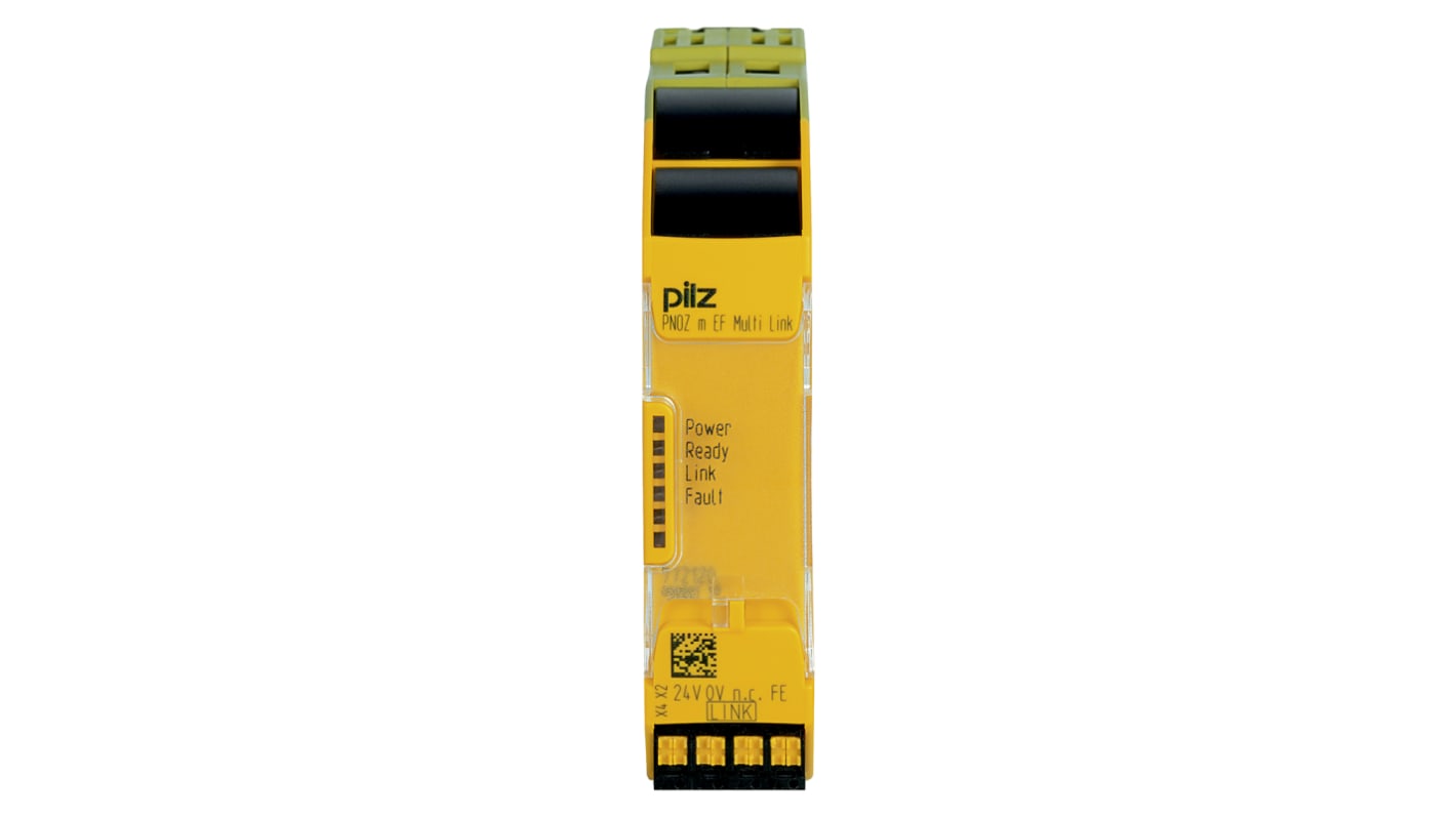 Modulo di collegamento Pilz 772120 per PNOZmulti 2, alimentazione 24 V c.c., montaggio su guida DIN, dimensioni 101,4 x 22,5 x 120 mm.