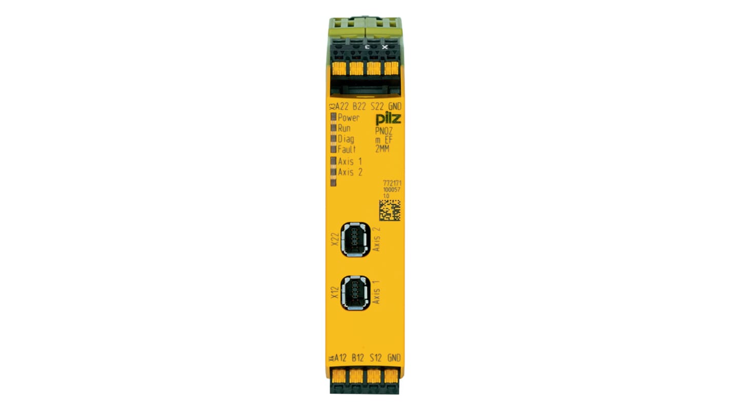 Modulo di monitoraggio del movimento Pilz 772171, PNOZmulti 2, 24 V c.c., montaggio su guida DIN, dimensioni 101,4 x 22,5 x 111 mm.