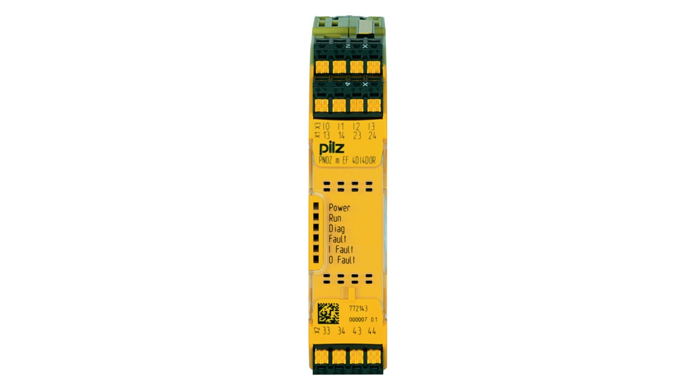 Modulo I/O Pilz 772143, PNOZmulti 2, 4 ingressi e 4 uscite relè, montaggio su guida DIN, dimensioni 101,4 x 22,5 x 120 mm.