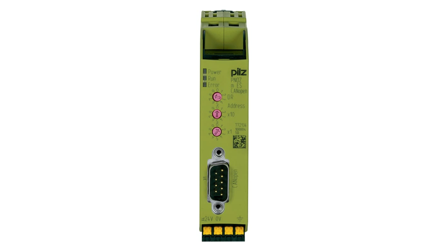Modulo di comunicazione Pilz 772134 per PNOZmulti 2, montaggio su guida DIN, 24 V c.c., dimensioni 101,4 x 22,5 x 115 mm.