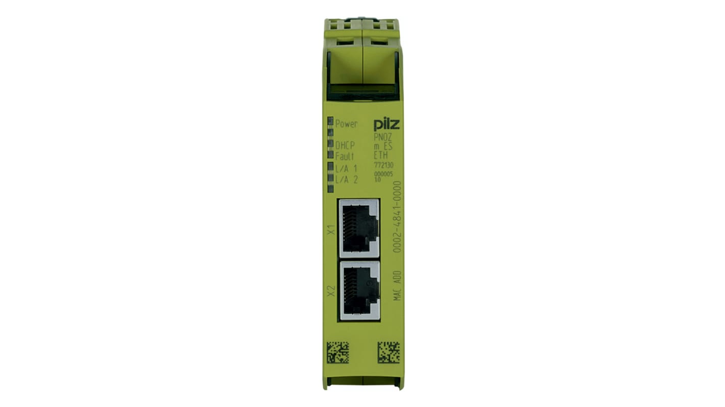 Modulo di comunicazione Pilz 772130 per PNOZmulti 2, montaggio su guida DIN, dimensioni 101,4 x 22,5 x 111 mm.