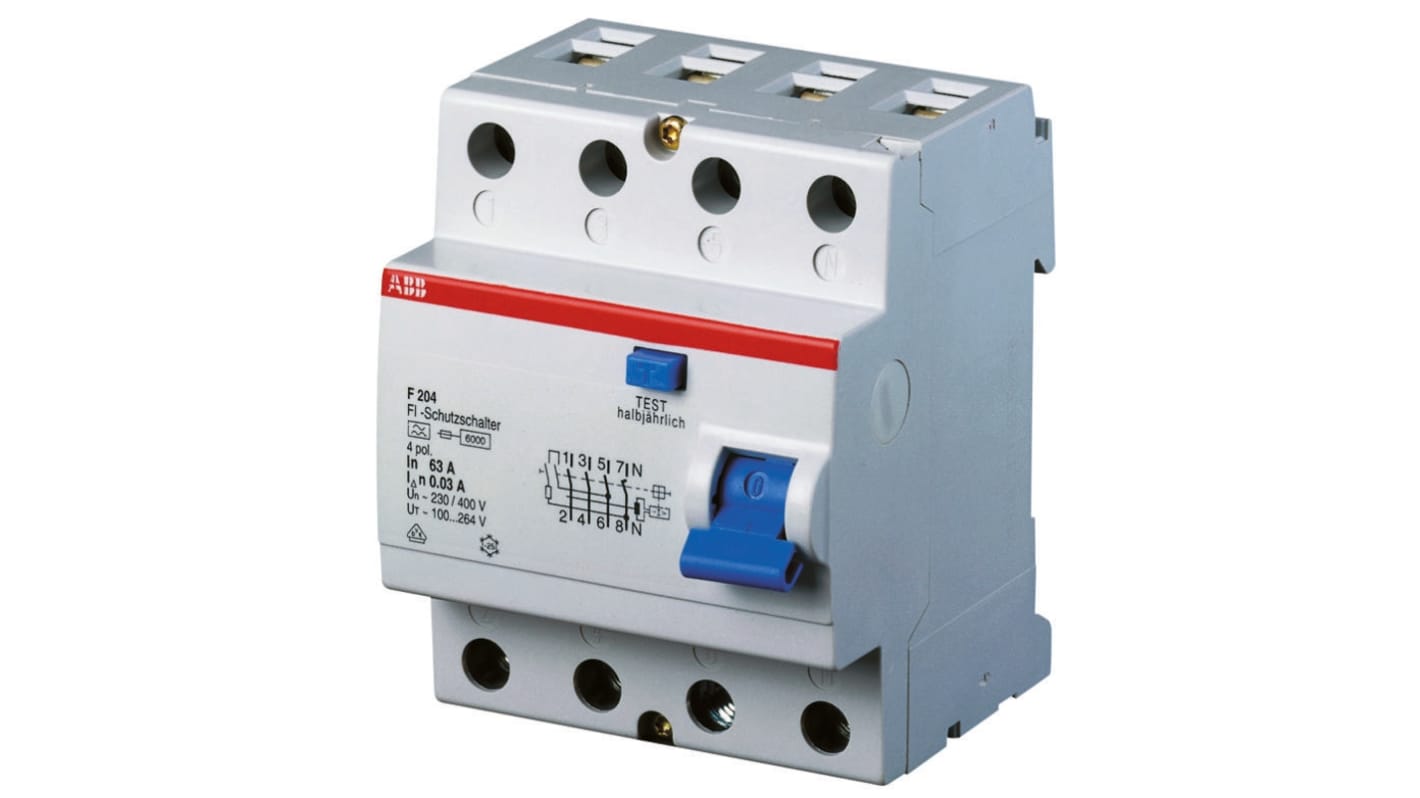Interruttore differenziale ABB F204A-25/0.3, 4 poli, 25A, 300mA, montaggio su guida DIN, rileva correnti di guasto.