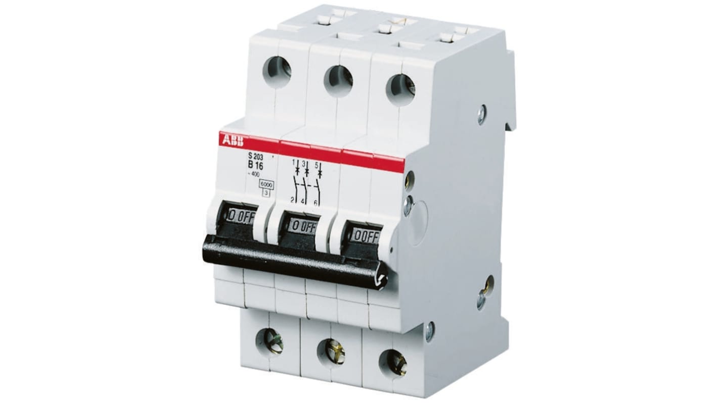 Interruttore magnetotermico ABB S203-B16, 3 poli, 16A, 400V, montaggio su guida DIN, dimensioni 53x88x69mm.