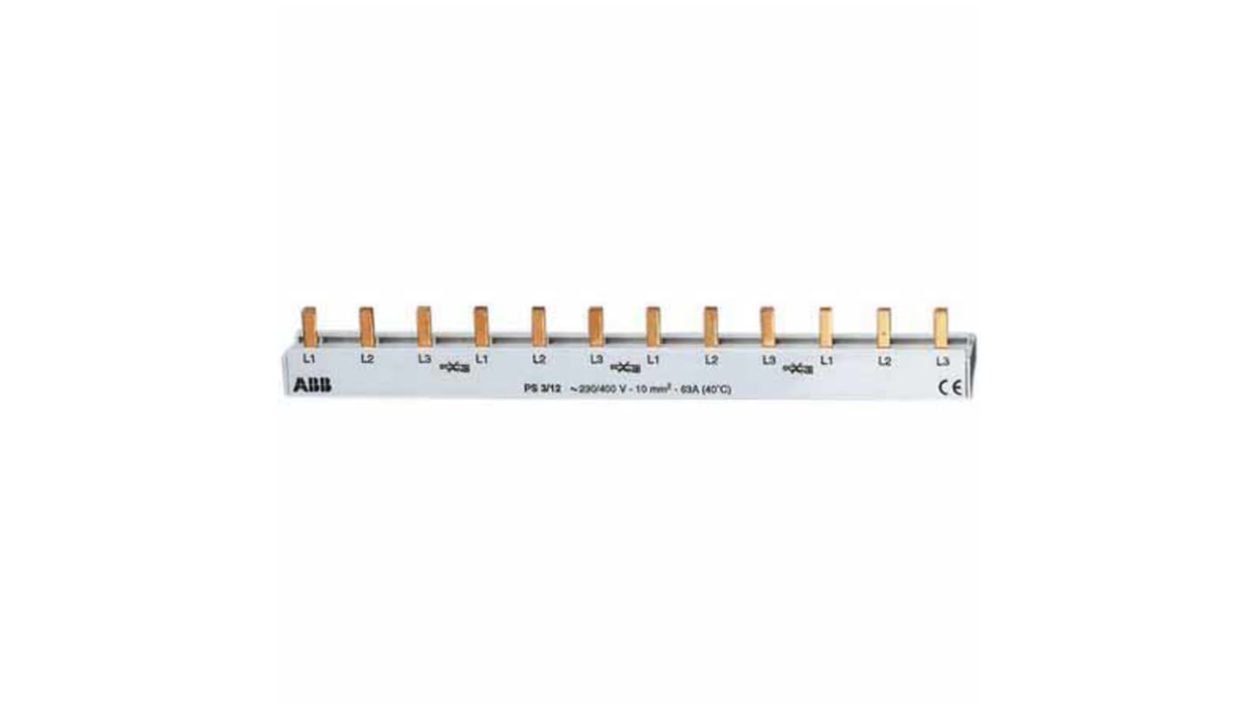 Barra di distribuzione trifase ABB, 400V, 80 A, 16 poli, progettata per applicazioni industriali, dimensioni 1056 x 16 x 29 mm.