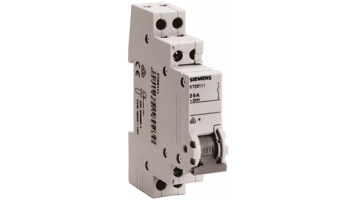 Interruttore di isolamento Siemens 5TE8111, 1 polo, 20A, montaggio su guida DIN, dimensioni 90x18x70mm, conforme a EN 60947-1.