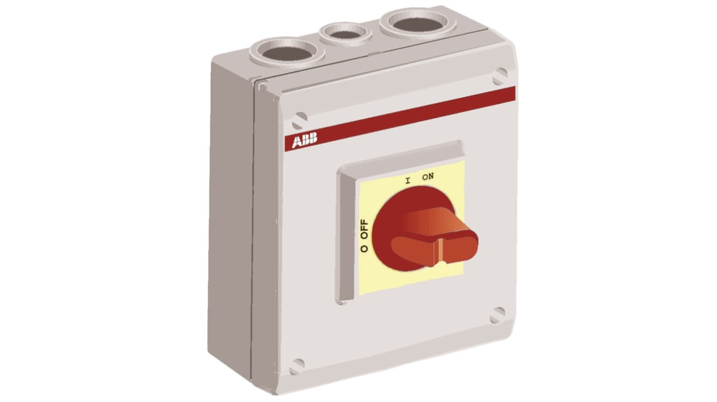Interruttore di isolamento ABB OTP36A3M, 3 poli, 23A, 690V, IP65, maniglia rossa, dimensioni 200x145x90mm.