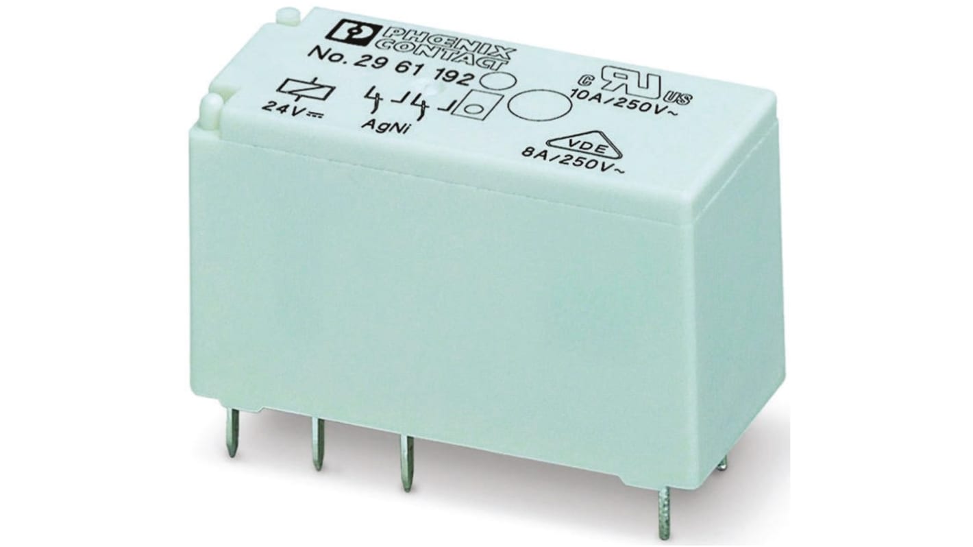 Relè non-latching Phoenix Contact REL-MR-24DC/21HC AU (cod. 2961545) per circuiti stampati industriali. SPDT, 24V cc, compatto e robusto.