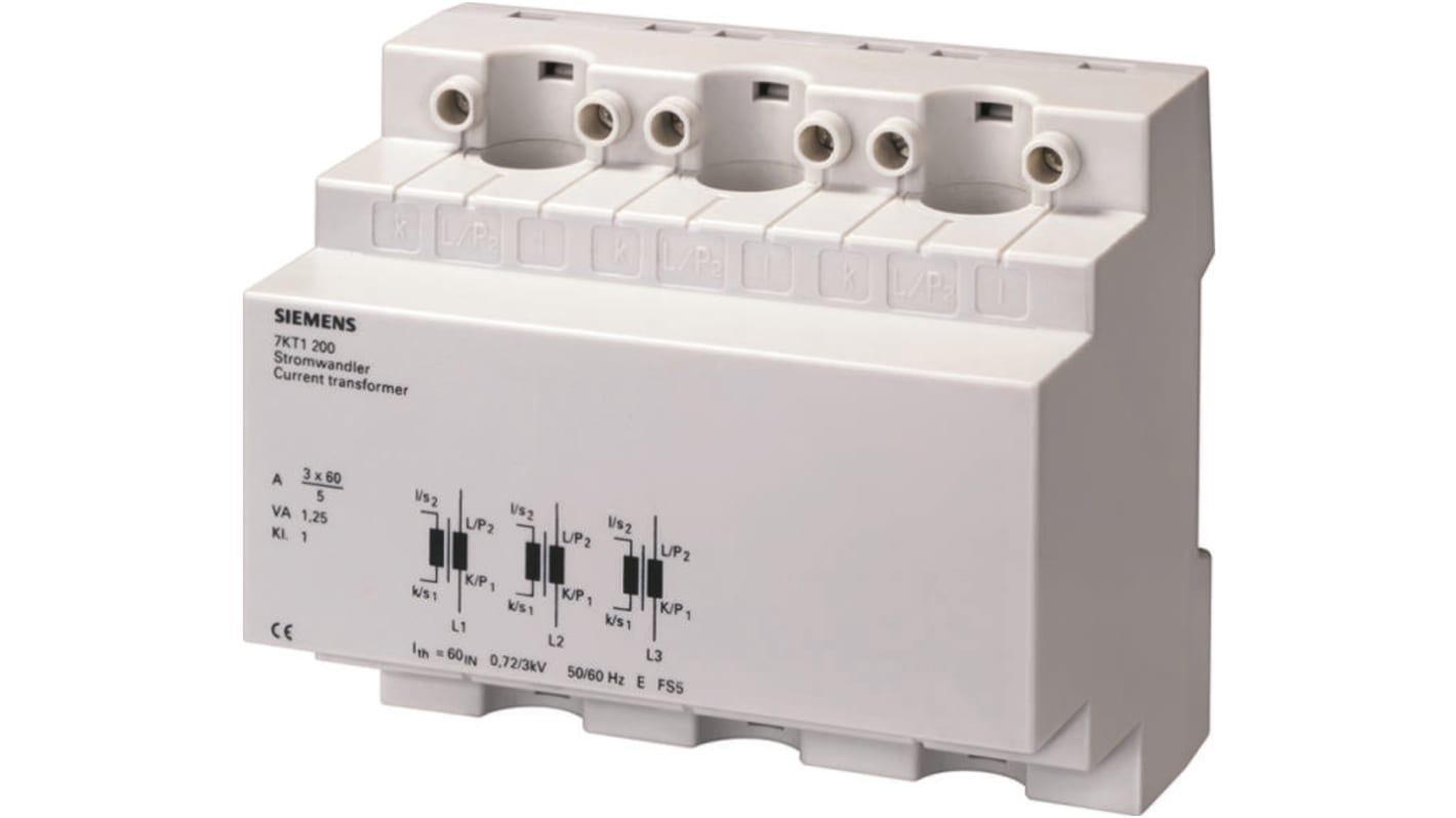 Trasformatore di corrente trifase Siemens 7KT1201, foro 13mm, montaggio su guida DIN, corrente diretta 63A, secondaria 5A.