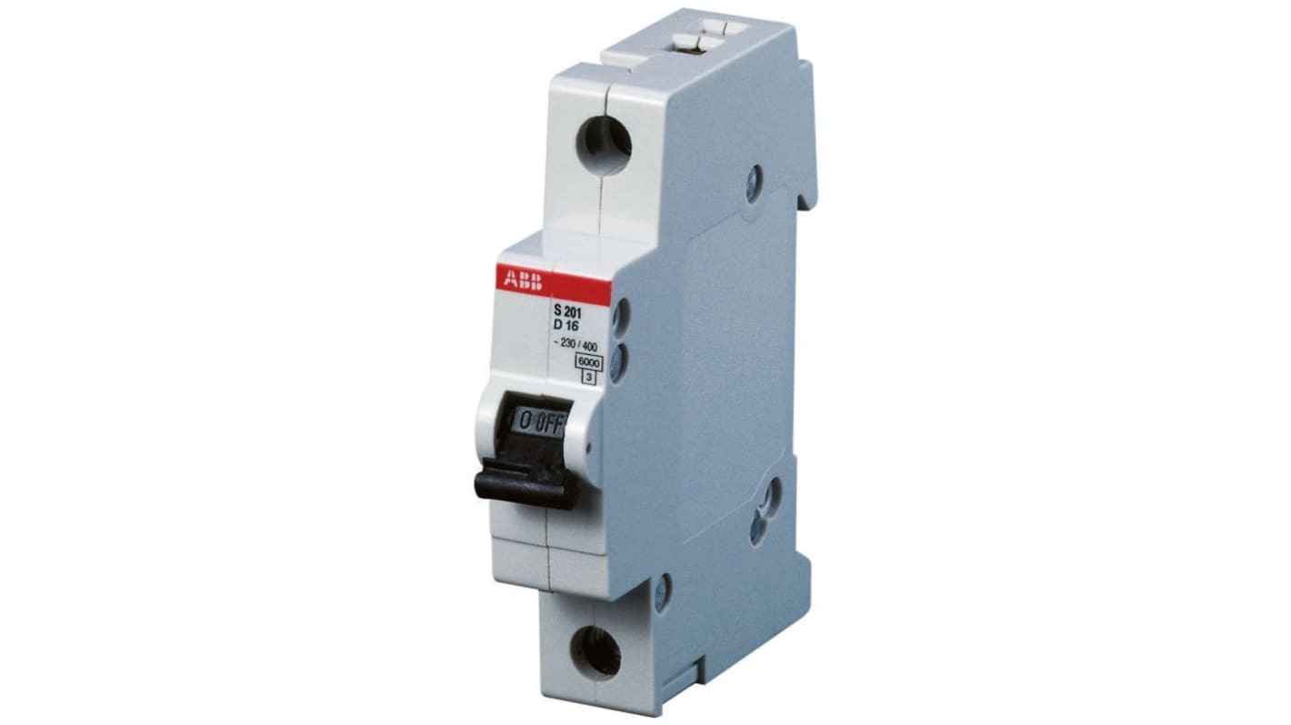 Interruttore magnetotermico ABB S201-D20 unipolare, 20A, montaggio su guida DIN, larghezza 17,5 mm, capacità di rottura 6 kA.