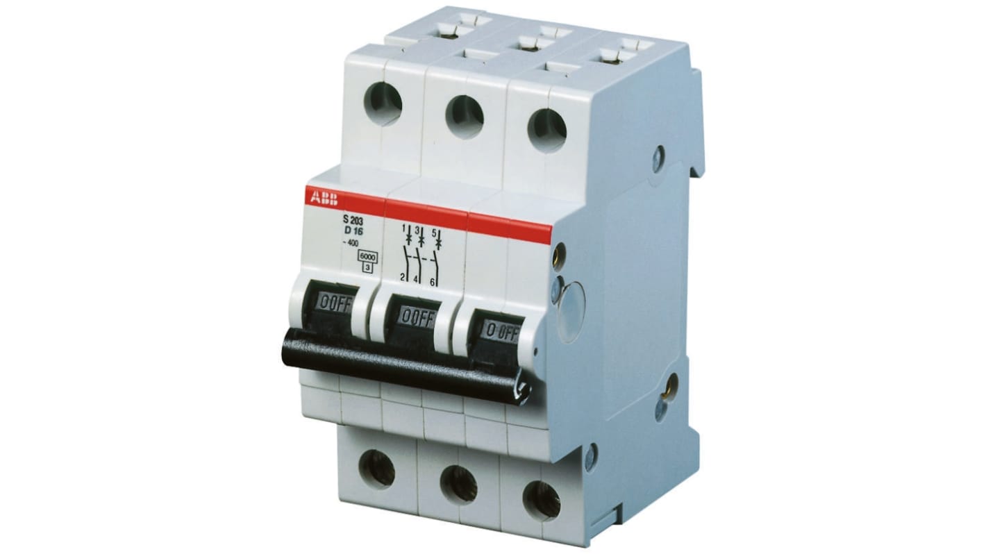 Interruttore magnetotermico ABB S203-D2, tripolare, 2A, montaggio su guida DIN, dimensioni 52,5x88x76 mm, conforme a BS EN 60898.