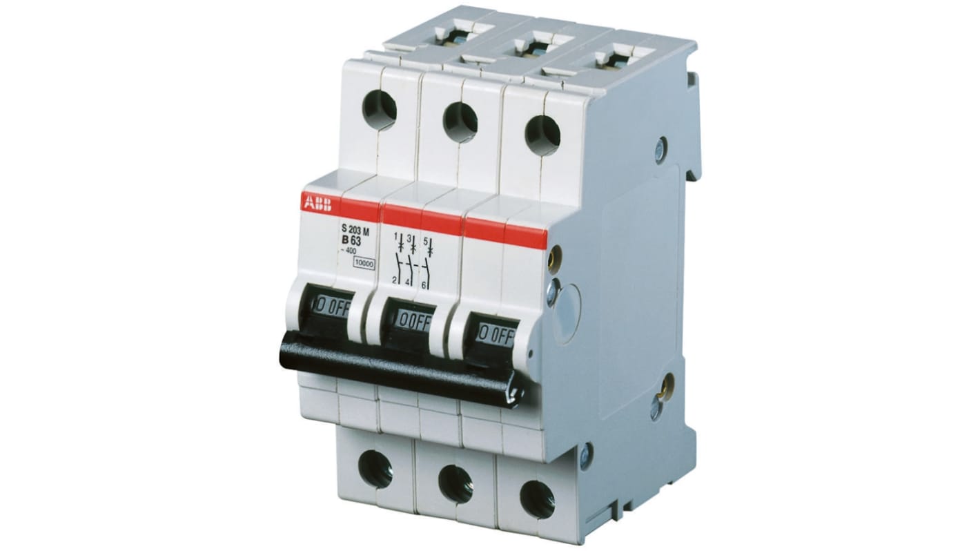 Interruttore magnetotermico ABB S203M-B63, tripolare, 63A, montaggio su guida DIN, larghezza 52,5 mm, conforme a BS EN 60898.
