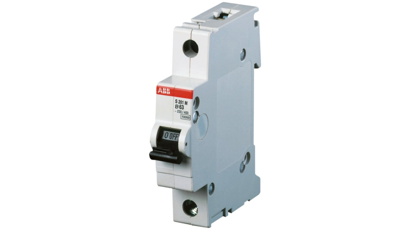 Interruttore magnetotermico ABB S201M-B63, unipolare 63A, montaggio su guida DIN, dimensioni 17,5x88x76 mm.