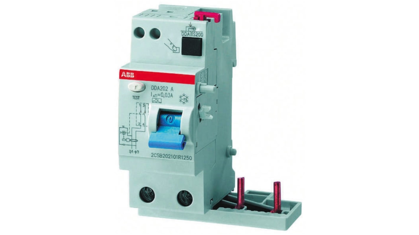 Interruttore automatico FI ABB DDA204A-40/0,3, 3 poli più neutro, 40A, 300mA, montaggio su guida DIN, tensione 415V.
