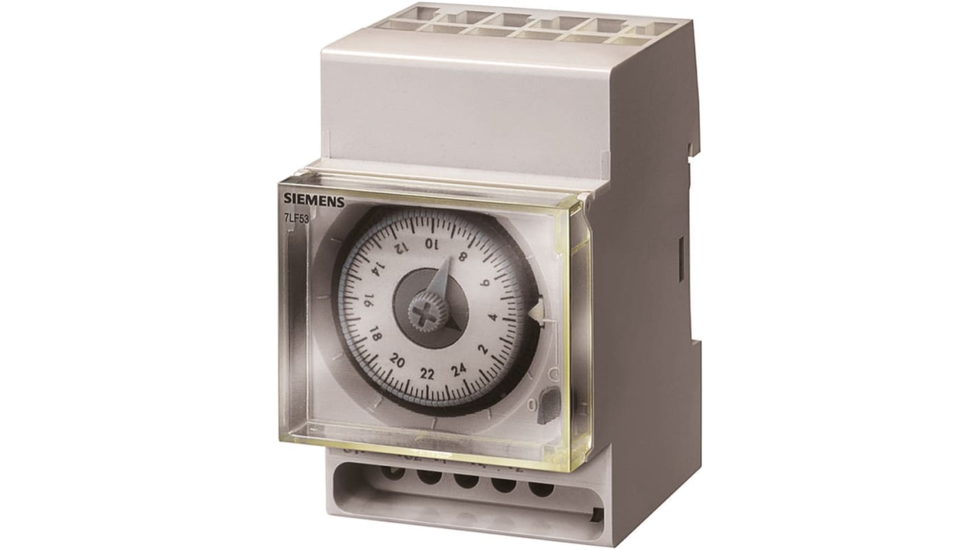 Temporizzatore Siemens 7LF5301-4 per guida DIN, 1 canale, 230 V c.a., contatto SPDT, dimensioni 83x64 mm.
