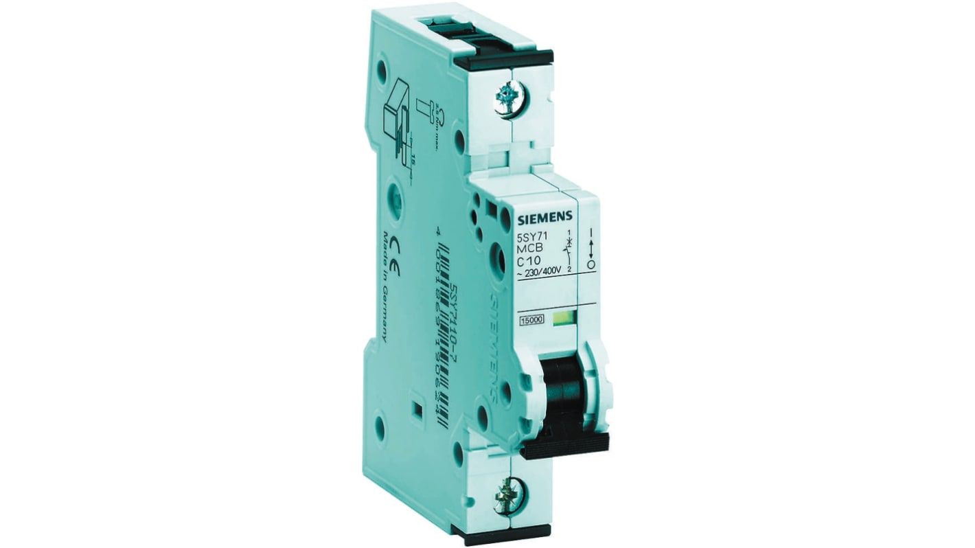 Interruttore automatico Siemens 5SY7116-7, 1P 16A 15 kA, Tipo C. Montaggio su guida DIN per applicazioni industriali ed edilizie. Conforme agli standard EN 60898/UL 1077.