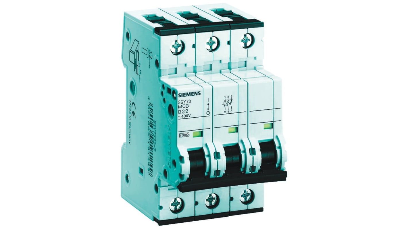 Interruttore magnetotermico Siemens 5SY7325-6, 3 poli, 25A, montaggio su guida DIN, dimensioni 89.8mm x 53mm x 76mm.