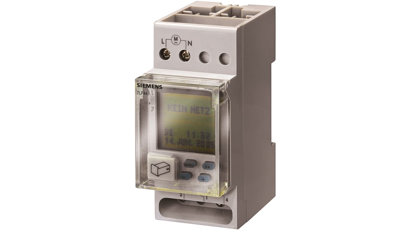 Temporizzatore digitale Siemens 7LF4531-0 per guida DIN, 230 V, 1 canale SPDT, dimensioni 83 mm x 70 mm, programmazione testuale.