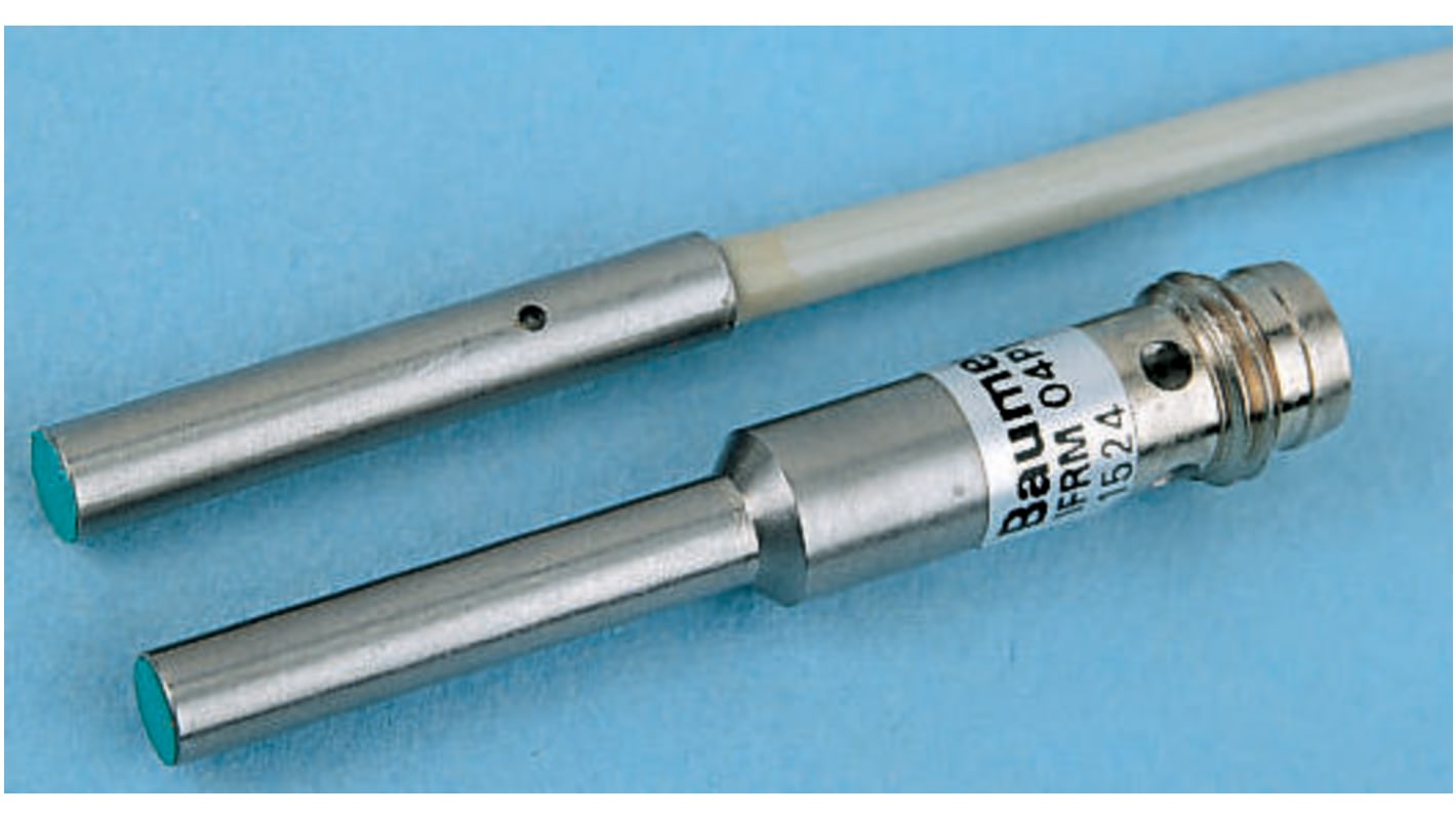 Sensore di prossimità cilindrico PNP Baumer IFRM 04P15A3/S05L, diametro 4 mm, montaggio a filo, IP67, 10-30 V c.c.