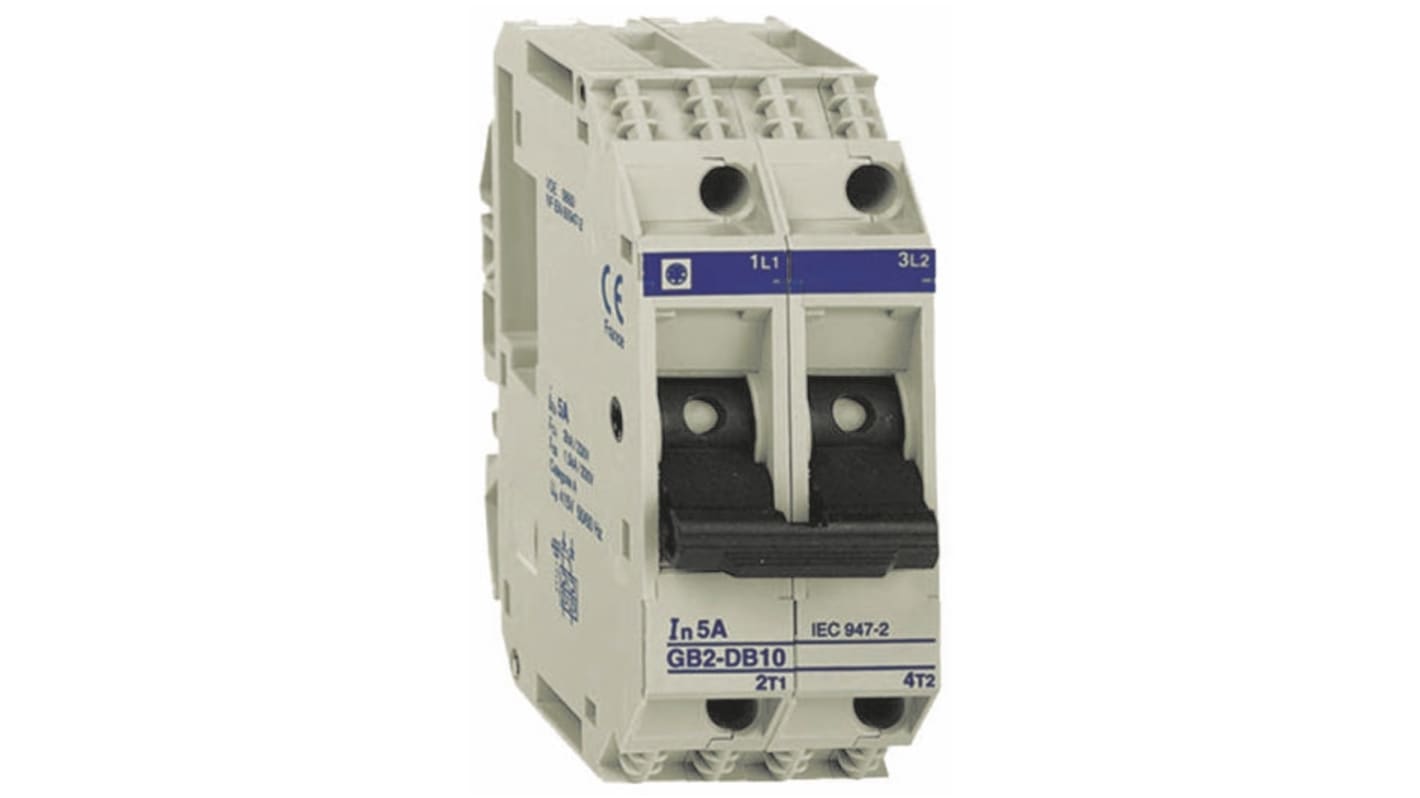 Interruttore termico Schneider Electric GB2DB05, 2 poli, 500mA, 277V AC, 415V CA. Protezione da sovraccarichi e cortocircuiti per apparecchiature industriali. Montaggio su guida DIN. Conforme a IEC947-2.