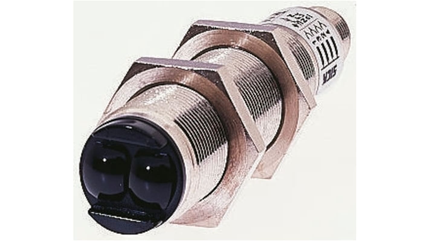 Sensore fotoelettrico cilindrico Sick VT18-204172 S01, rilevamento 105 mm, uscita NPN/PNP, grado di protezione IP67.
