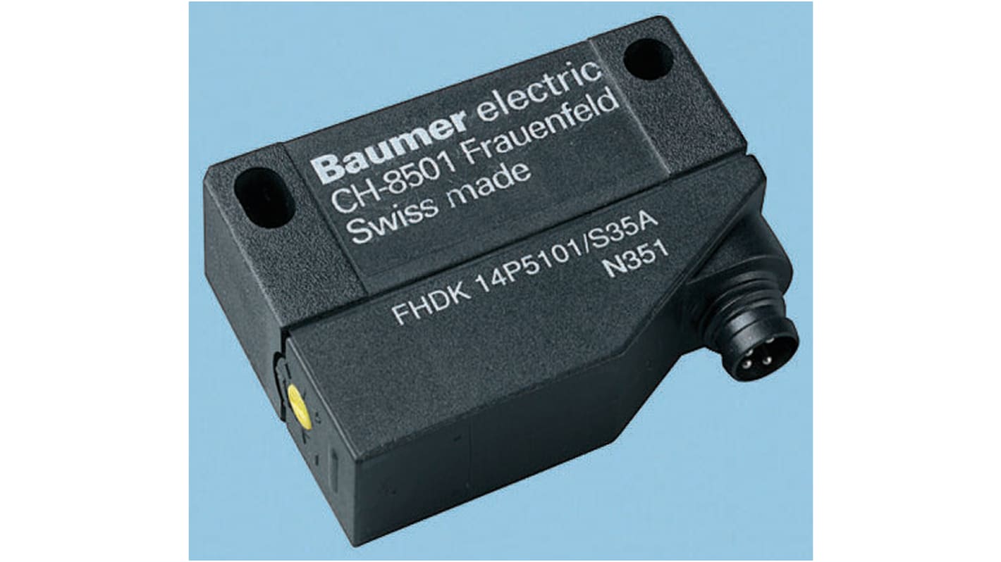 Sensore fotoelettrico Baumer FZDK 14P5101/S35A, rilevamento da 5 mm a 600 mm, uscita PNP, IP67, temperatura -25°C/+65°C.
