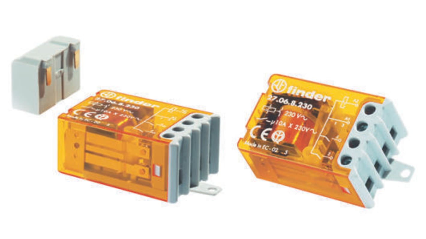Finder 27.05.8.230.0000, relè DPST 230V, montaggio a pannello, corrente 10A, dimensioni 32mm x 54.6mm x 21.5mm.