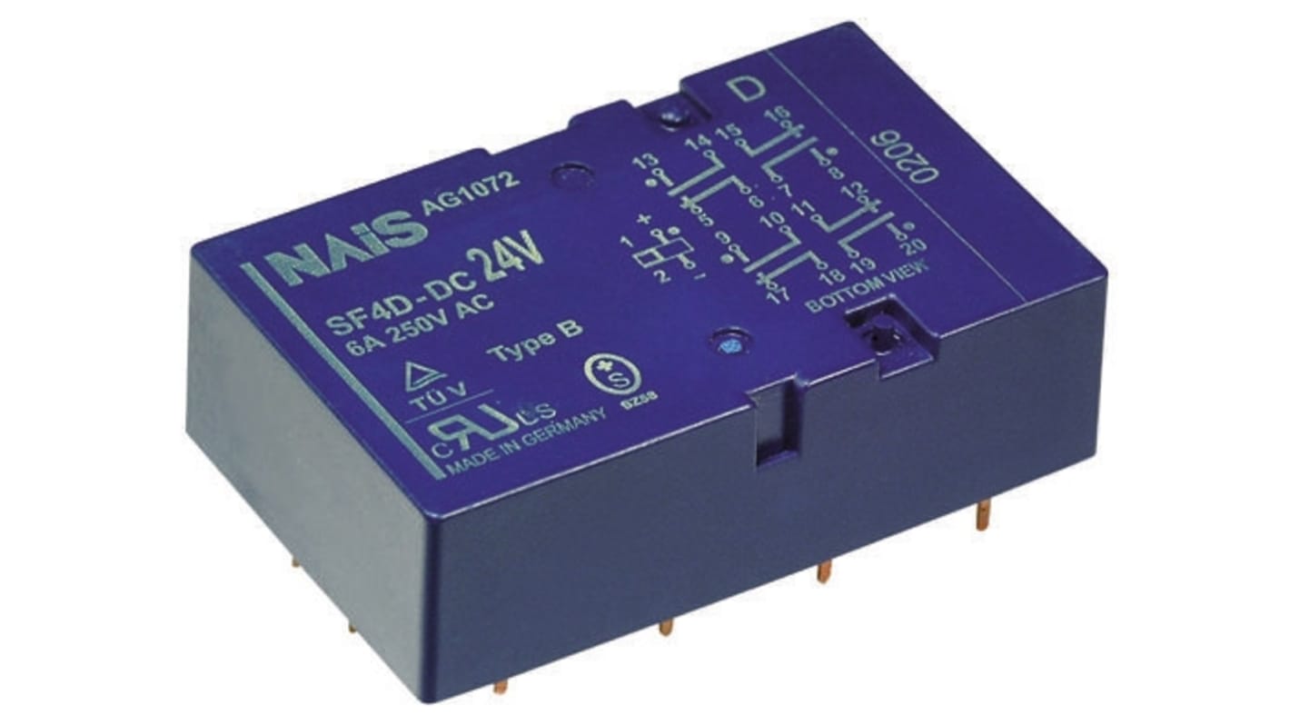 Relè DPDT Panasonic SF2D-DC5V, 5V cc, montaggio su PCB, corrente 6A, dimensioni 53.3mm x 25mm x 16mm.