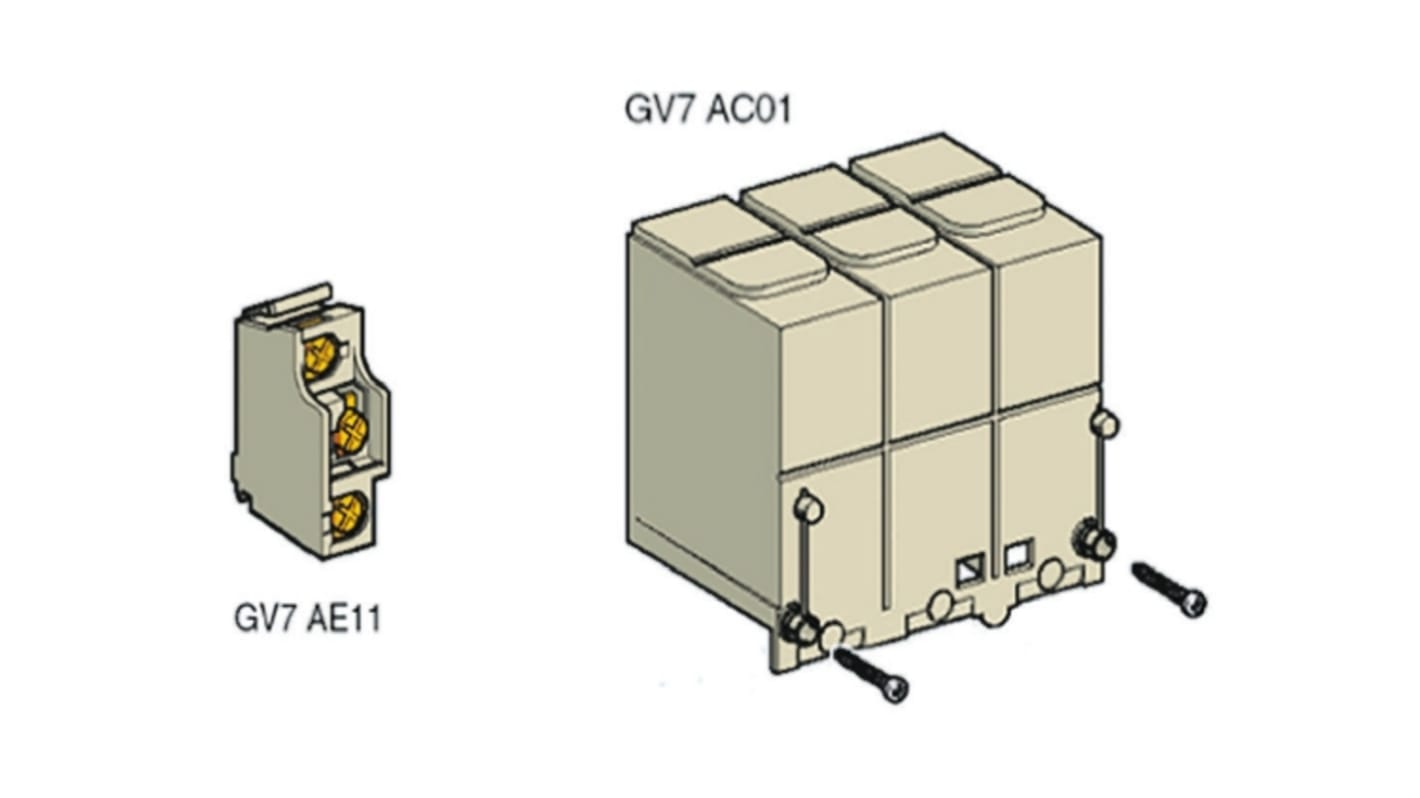 Morsettiera Schneider Electric GV7AC01 per contatti ausiliari e coperture terminali TeSys GV7-R. Tensione isolamento 690 A, corrente termica 6 A. Ideale per ottimizzare impianti elettrici.