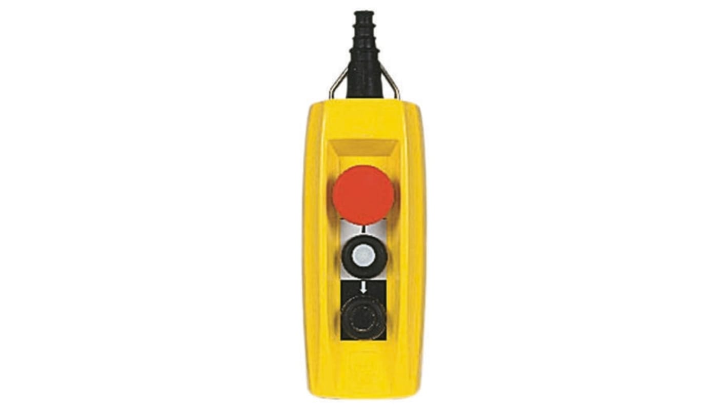 Stazione pensile a pulsante Schneider Electric XACB3201, 3PDT, IP65, 10 A, 400 V, con tre pulsanti in alluminio giallo.