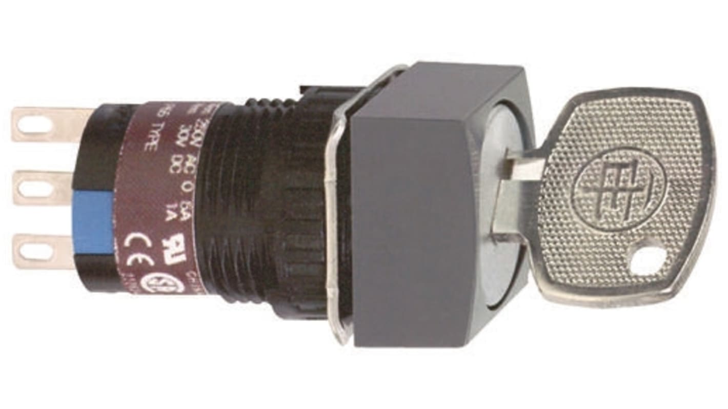 Selettore a 2 posizioni Schneider Electric XB6ECD222P con blocco contatti, testa quadrata, protezione IP65 e attacco rapido.